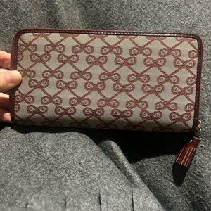 Anya Hindmarch Bow Monogram Zip Around Wallet Burgundy Canvas Leather